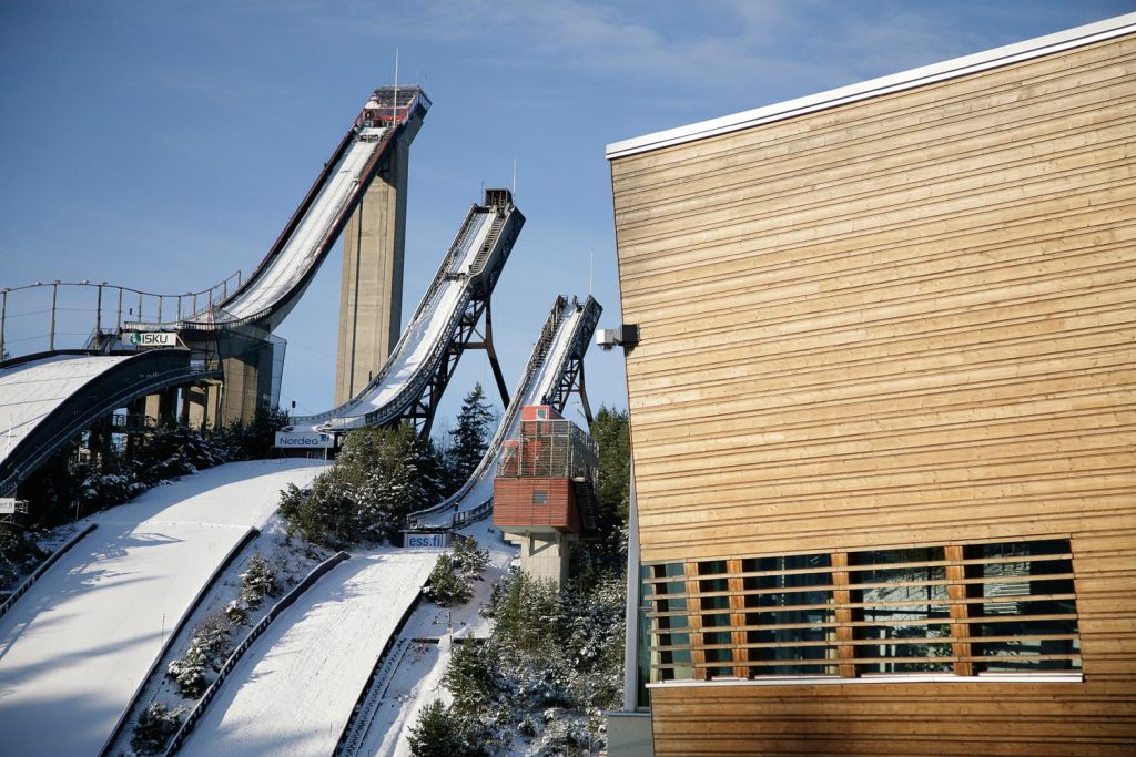 Ski Museum building and ski jumping hills.