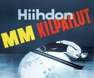 Hiihdon vuoden 1958 MM-kilpailujen juliste. Mäkihyppääjä hyppää maapallon edessä.